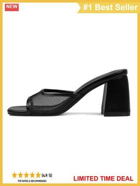 Block Heel Sandals for Women Mesh Square Toe Slip On Dressy Mule Heels